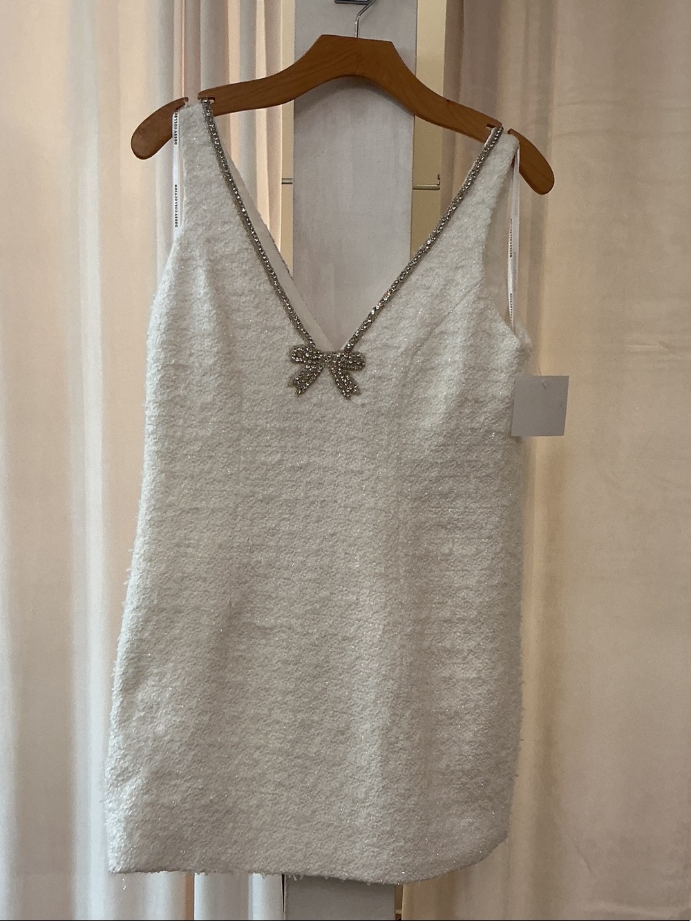 Dessy Collection White Mini Dress with Crystal Bow Trim